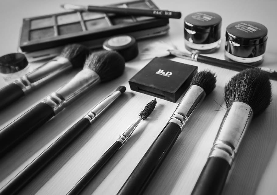 black white, flat lay, cosmetics, makeup, brush, kit, beauty products, make-up, set, supplies