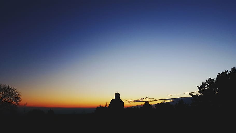 silhouette photo, person, facing, sky, people, man, silhouette, alone, sunset, sad