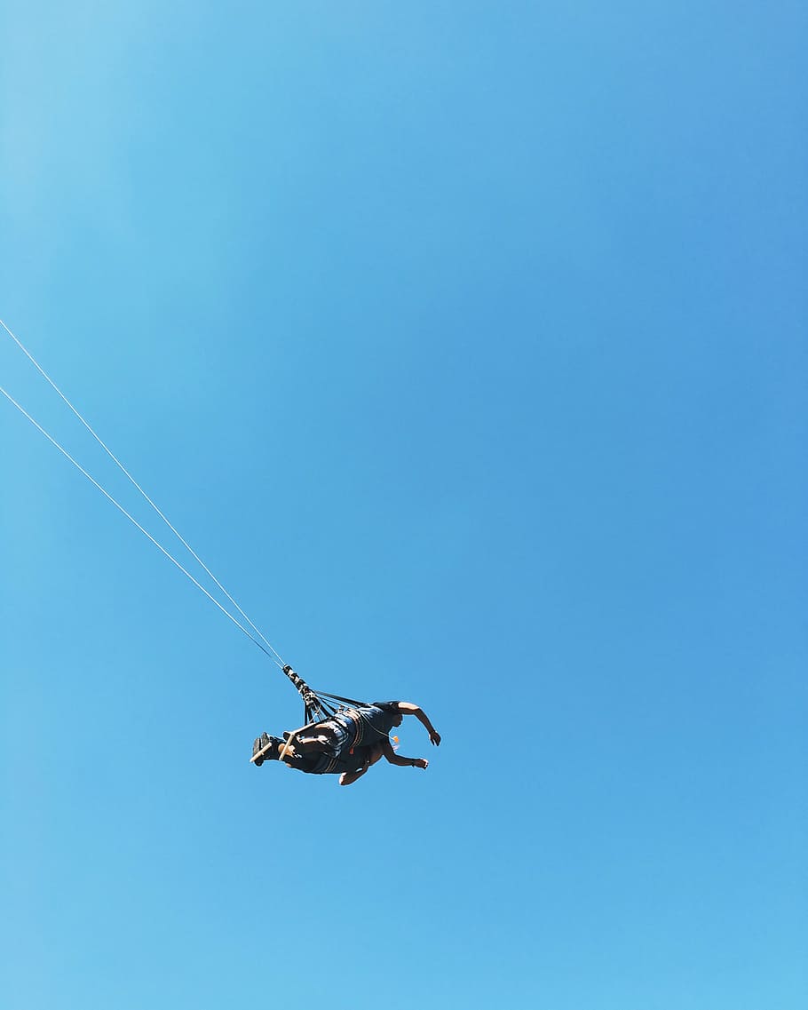 man, floating, air, harness, people, parachute, clouds, sky, adventure, flying