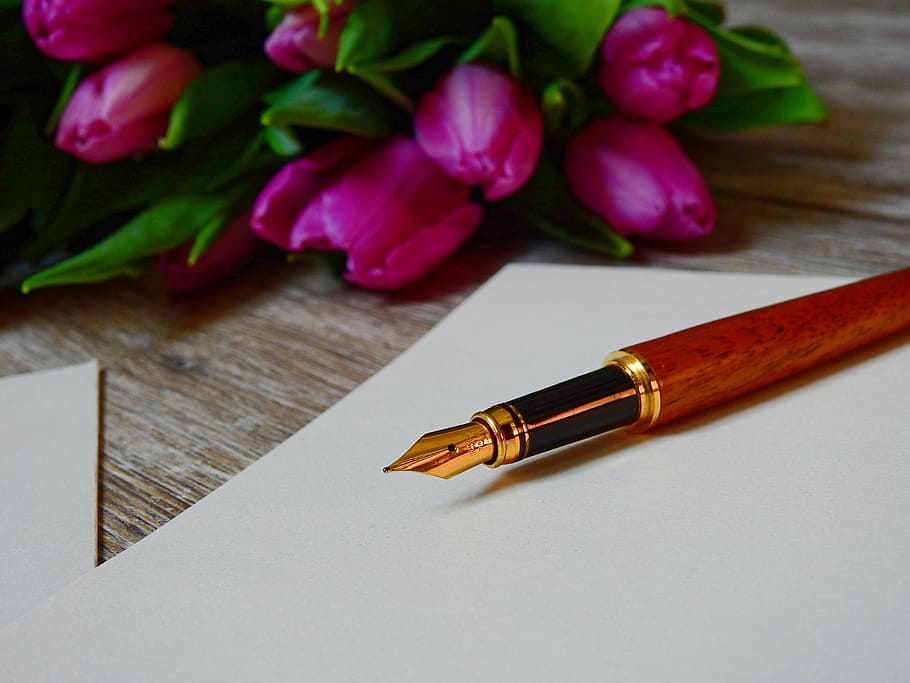 fountain pen, table, letters, paper, leave, filler, writing utensil, writing implement, ink, flower