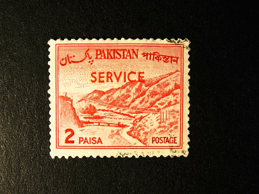 stamp, post, ptt, franking, factory brand, pakistan, postage Stamp, mail, black background, single object