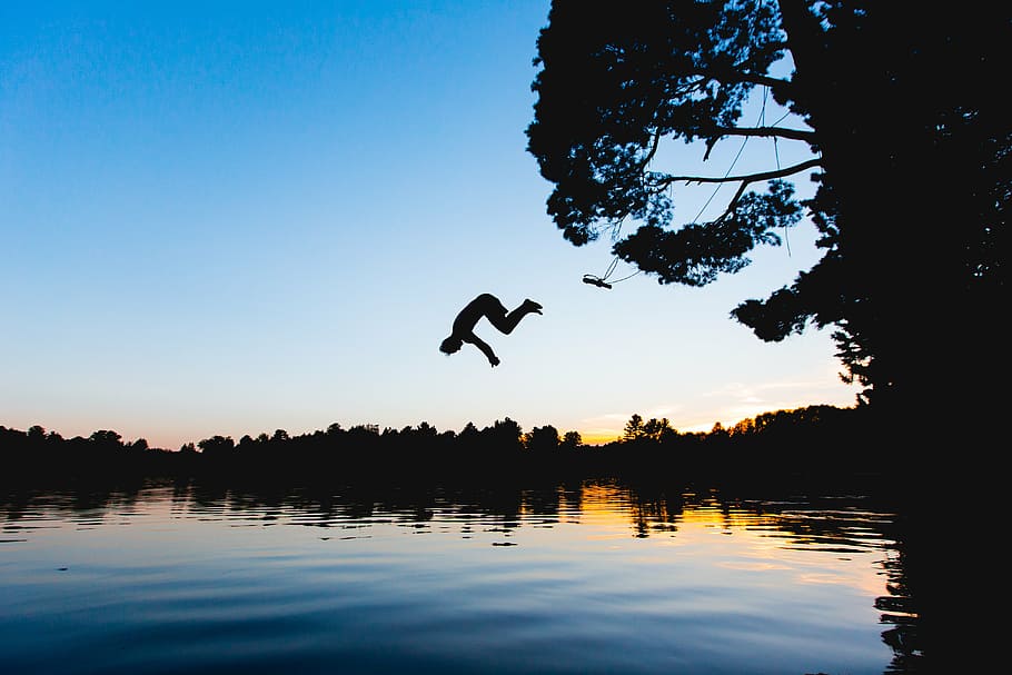 manusia, melompat, tubuh, air, bayangan hitam, menyelam, bersenang-senang, bahagia, sungai, danau