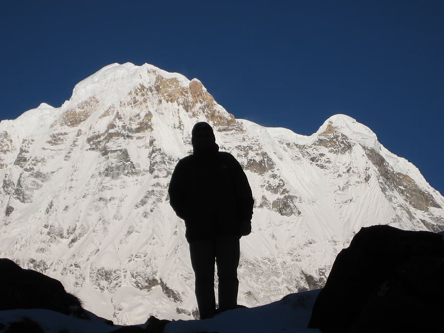 シルエット写真, 人, 立っている, 山, アンナプルナ, ヒマラヤ, ネパール, ハイキング, トレッキング, 放浪者