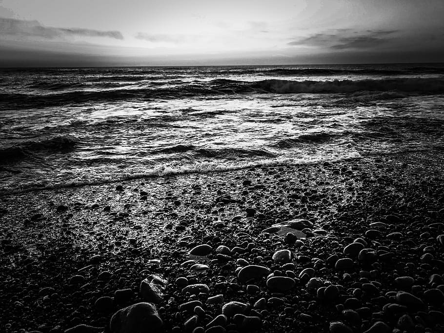 Sea, Sassi, Black And White, Beach, wave, horizon over water, nature, cloud - sky, water, land