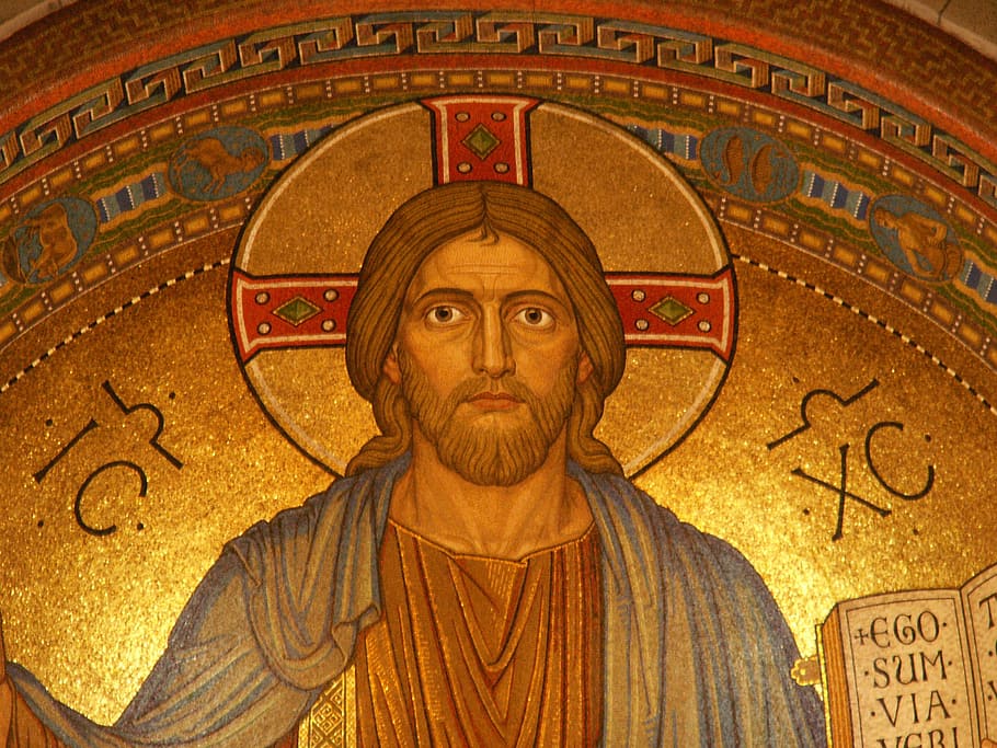 jesus christ illustration, christ, jesus, religion, mosaic, gold, maria laach, golden, faith, church