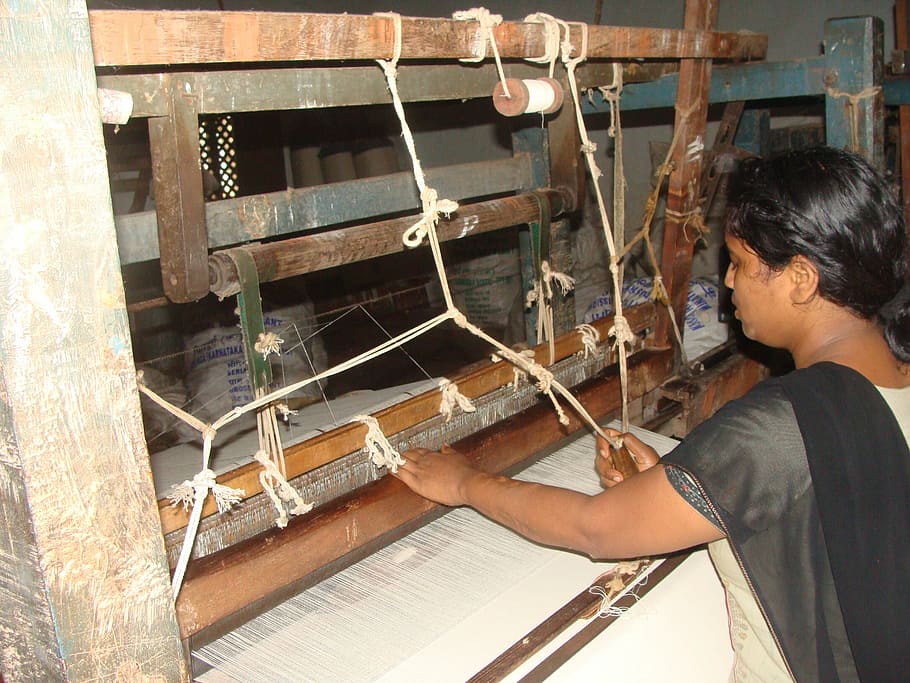 algodón, hilado, khadi, tela gruesa, garag, india, tejido, fabricación de hilo, industria de la aldea, telar manual
