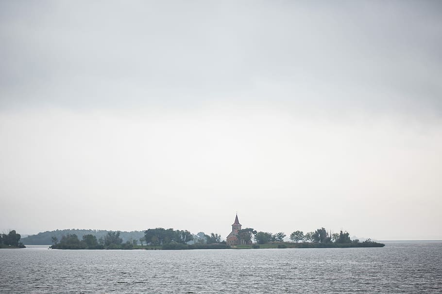 Abandoned, Church, Middle, Reservoir, cloudy, derelict, desolated, water, river, architecture