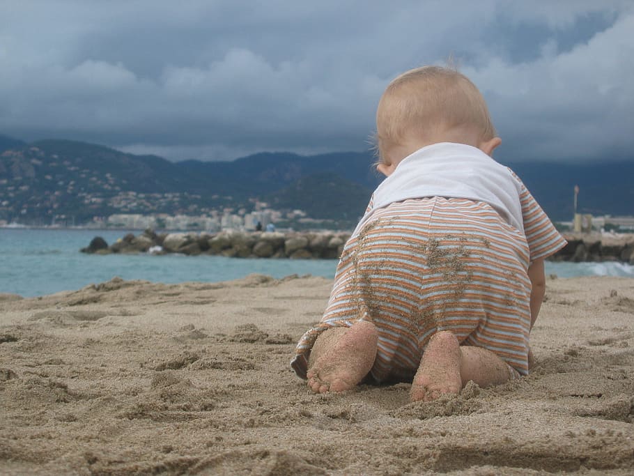 Beach, Child, Sea, Clouds, France, Water, summer, holidays, sky, sand