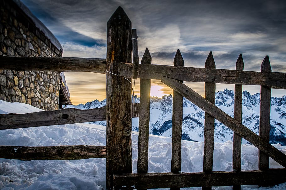 mountains, snow, winter, gate, landscape, outdoors, sky, overview, clouds, cold
