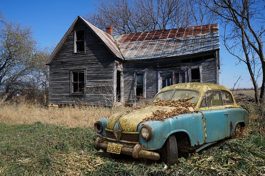 Clásico, verde azulado, beige, coche, abandonado, marrón, madera, casa, borgward hansa, oldtimer