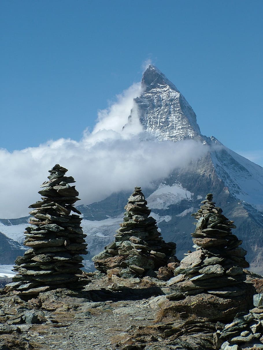 three, pile, rocks, mountain, switzerland, valais, mountains, matterhorn, sky, outdoors