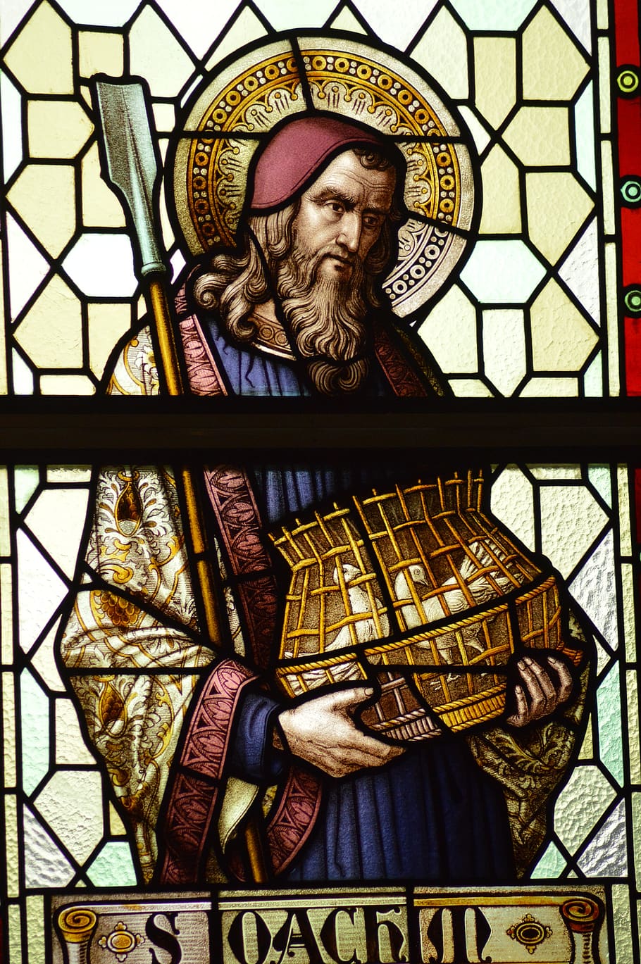 stained glass, color, window, church, saint, man, joachim, father, husband, cage