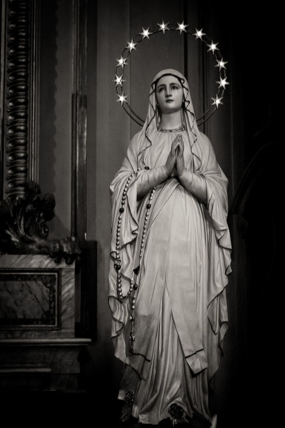 greyscale photo, religious, figure statue, Madonna, Church, Mother Of God, maria, christianity, figure, holy maria