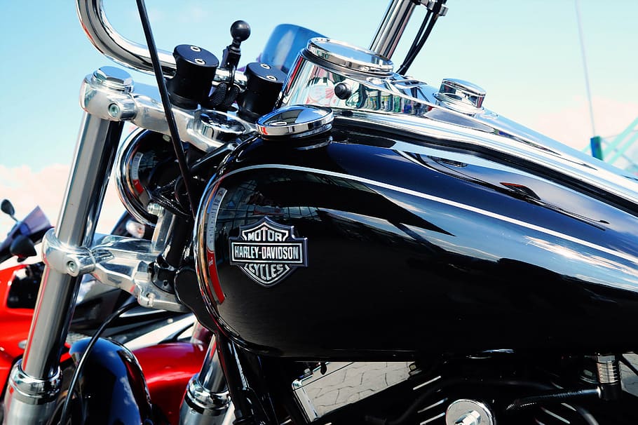 black, harley-davidson chopper motorcycle, harley davidson, motorcycle, historically, chrome, cult, tank, steering wheel, two wheeled vehicle