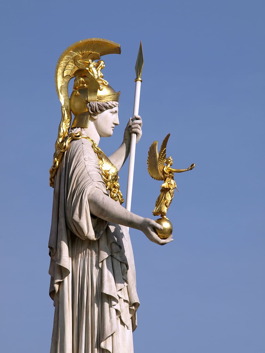 man, holding, spear statue, sunny, sky, vienna, pallas-athene fountain, parliament, pallas athene, fountain