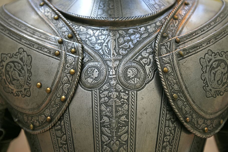 gray, brown, metal armor photo, knights armor, suit of armor, metal, vintage, protection, war, historic