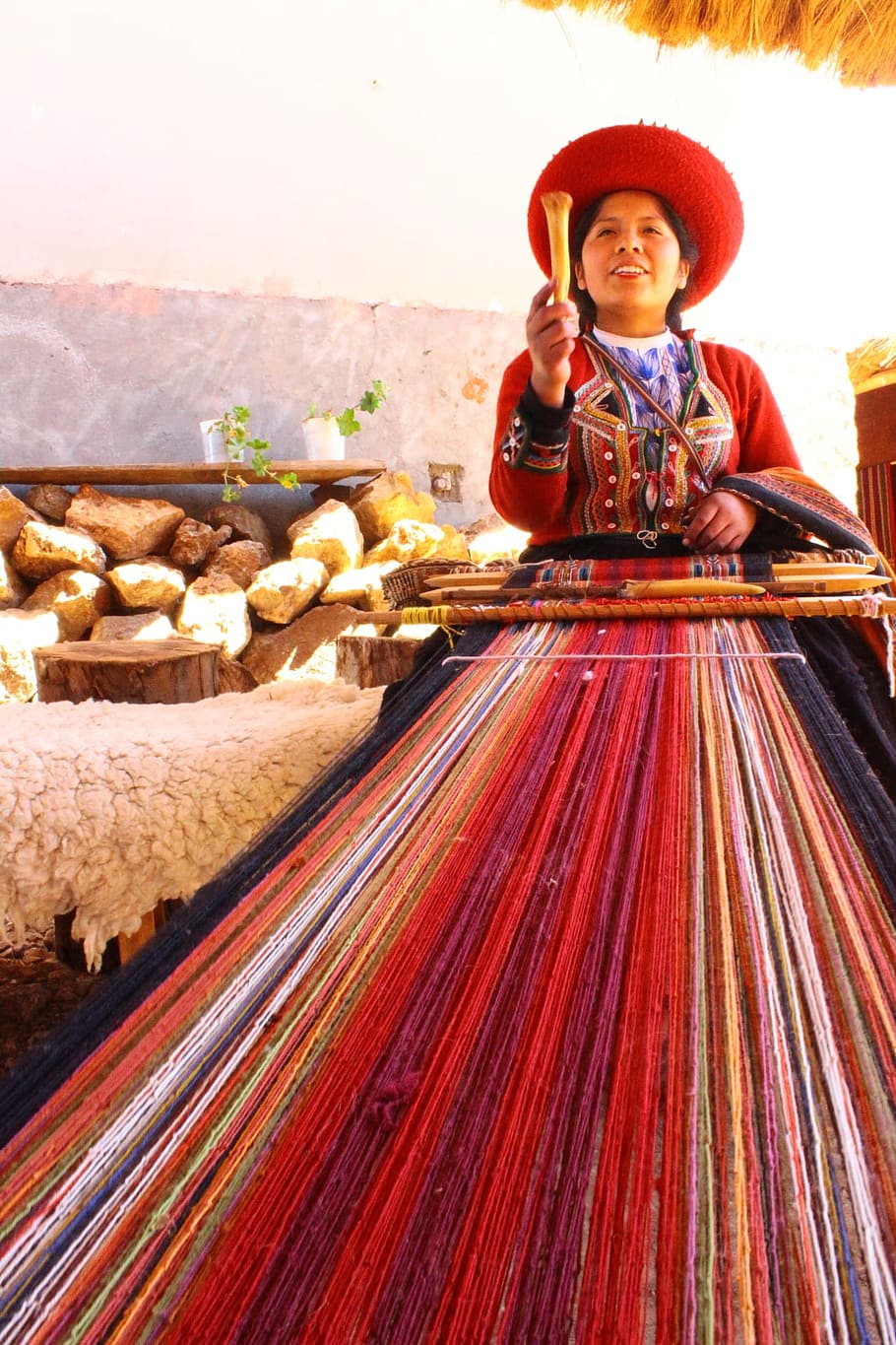 woman, weaving, red, orange, thread, Peru, Andean, Rural, Traditional, Inka