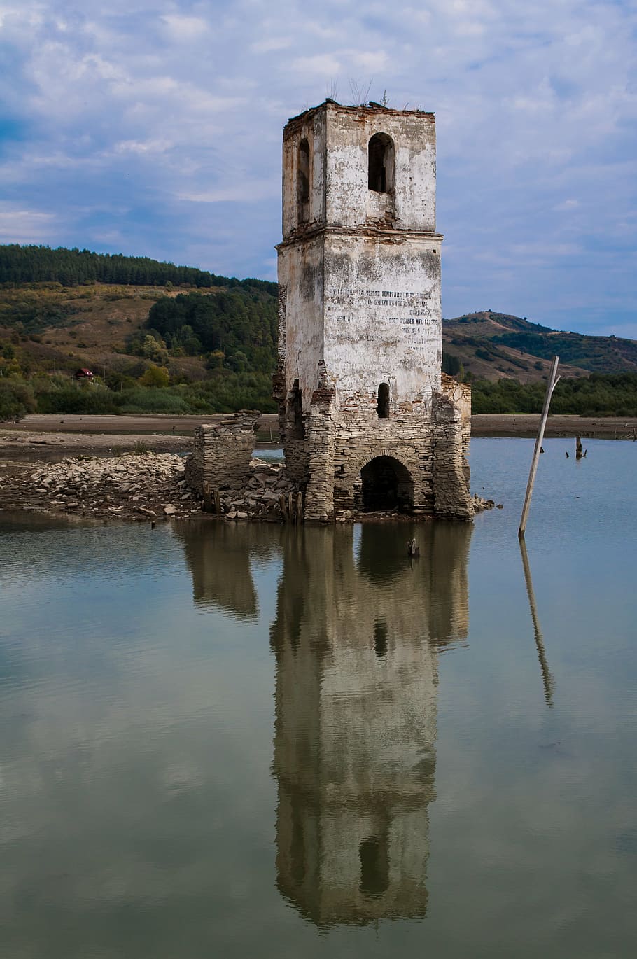 concrete, tower, water, church, abandoned, old, architecture, building, ruins, structure
