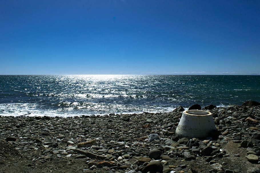 Beach, Sea, Horizon, Stones, edge of the sea, horizon over water, copy space, clear sky, water, sky