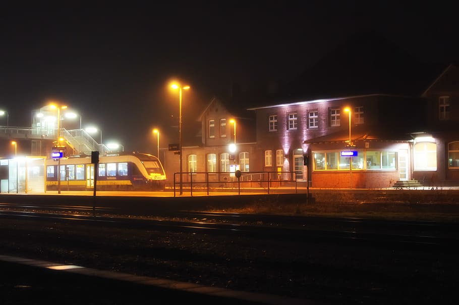 bramsche, germany, train station, depot, railroad, railway, transportation, track, buildings, night