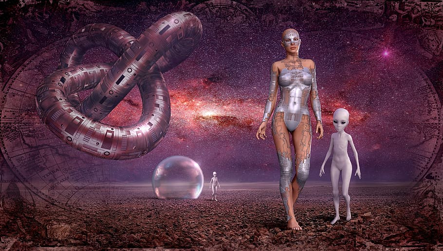 humanoid robot, walking, dirt floor illustration, fantasy, space, galaxy, alien, contact, starry sky, universe