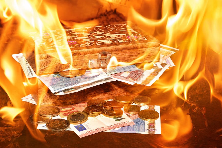 banknote, brown, wooden, box, flames, treasure chest, money, wood, fire, paper money