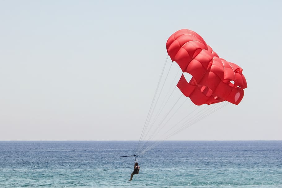paracaídas, rojo, cielo, extremo, aventura, deporte, actividad, paracaidismo, ocio, verano