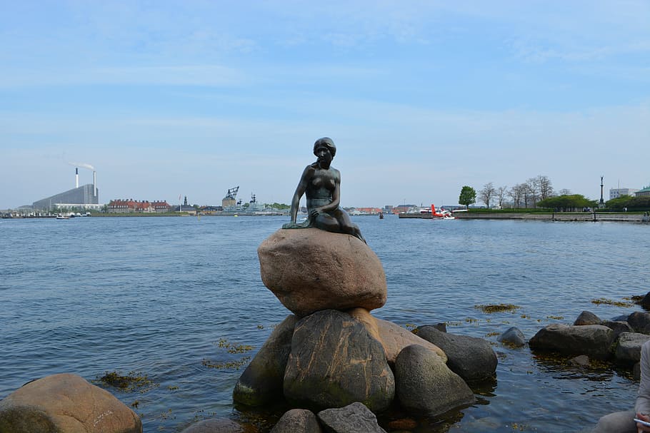 landmark, little mermaid, denmark, sea, stones, water, blue sky, sculpture, art and craft, statue