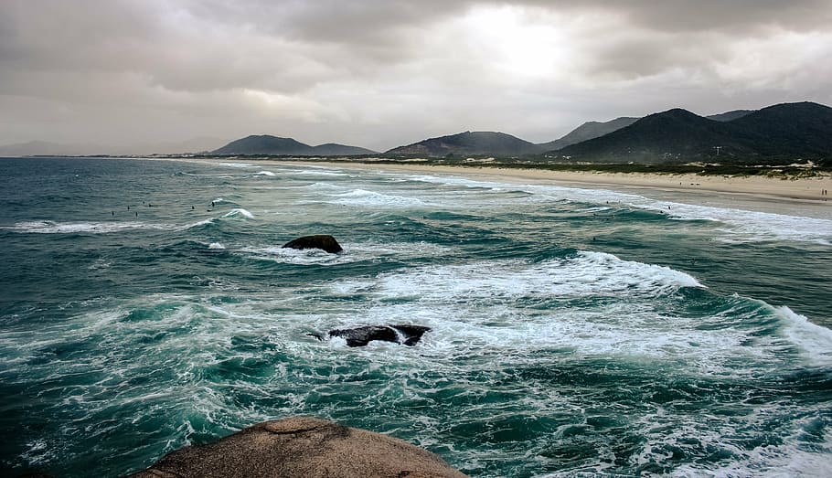 sea waves, cloudy, skies, beach, florianopolis, sea, storm, brazil, catarina, tourism