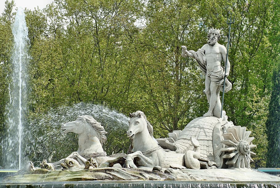 statue of perseus, madrid, spain, neptune, source, statue, monument, trim, sculpture, symbol