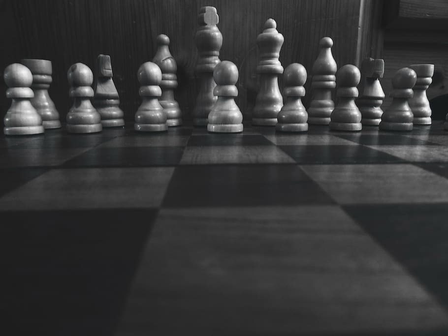 grayscale photography, chess piece, set, black, white, modern, home, chess, strategy, competition