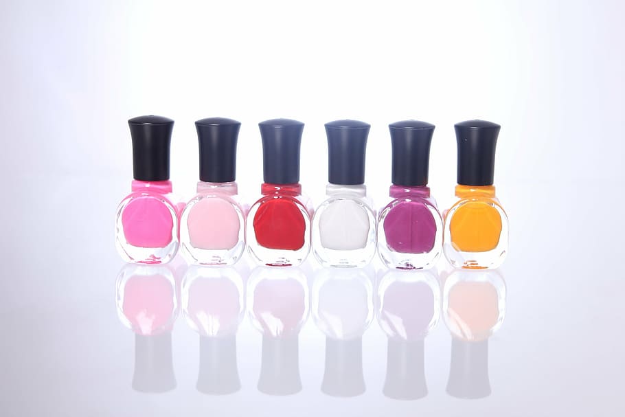 lined-up, six, assorted-color nail, polish, bottles, nail polish, ms, still life, photography, products