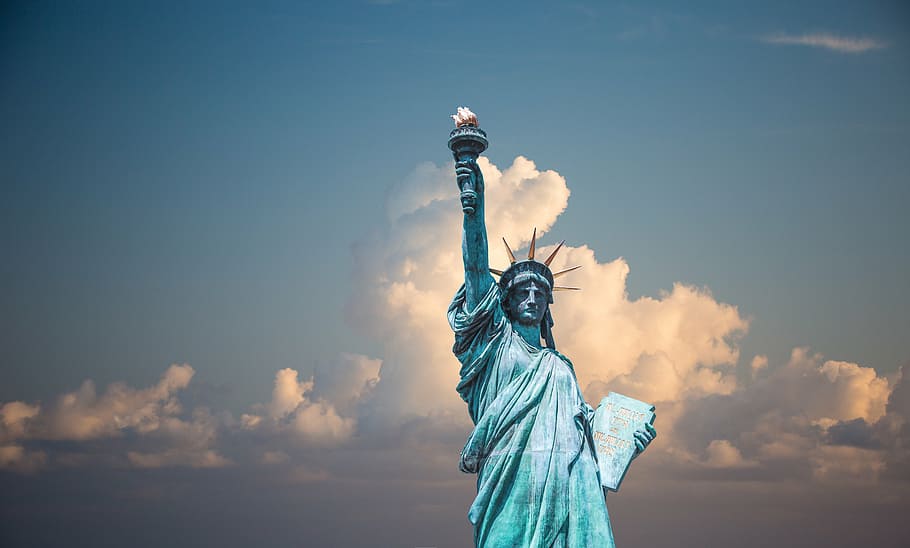 statue, liberty, cloudy, blue, sky, daytime, statue of liberty, clouds, liberty enlightening the world, torch