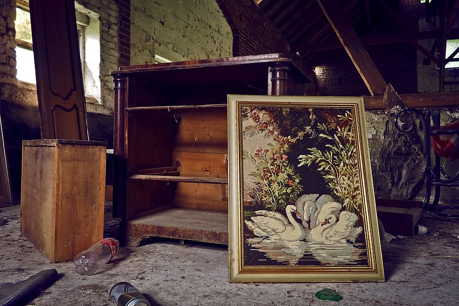 white, swan painting, brown, wooden, frame, tv, stand, lost places, building, old