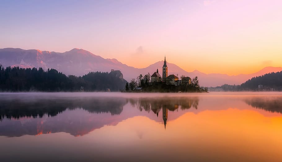 castle, water painting, panorama, sunrise, dawn, bled, slovenia, island, church, historic