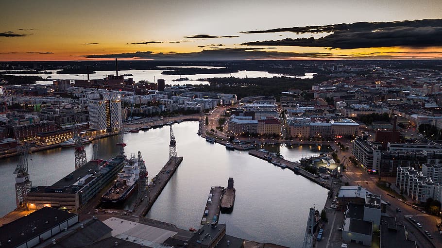 aerial, buildings, sunset, helsinki, jätkäsaari, port, evening, summer evening, drone, drone image