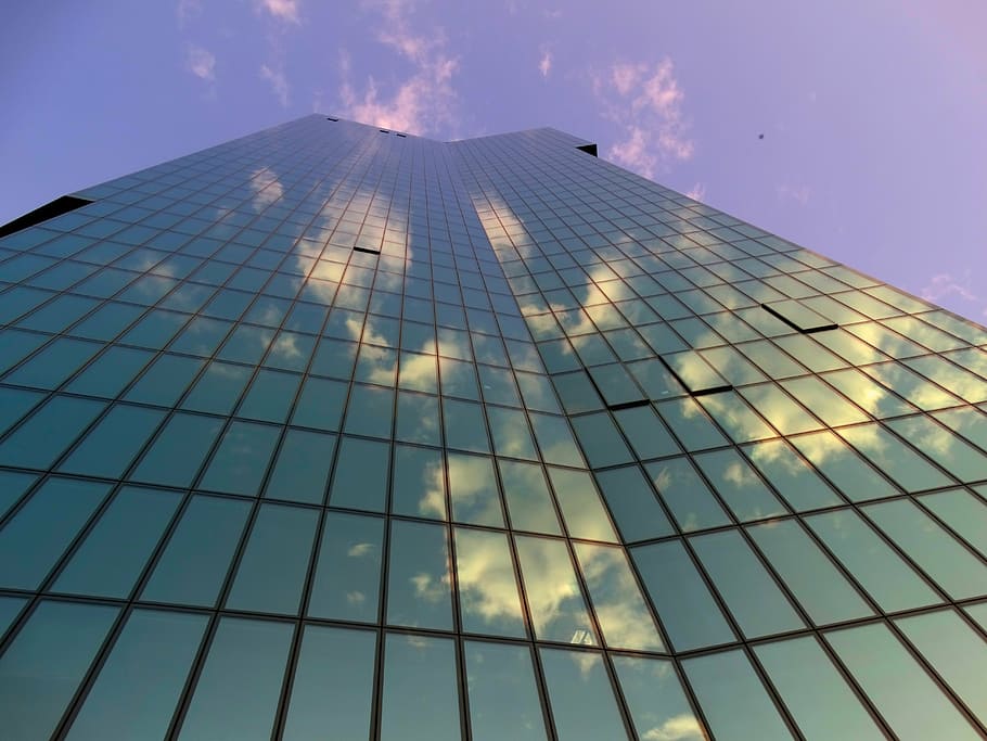 skyscraper, facade, clouds, mirroring, architecture, sky, glass front, glazing, structure, built structure