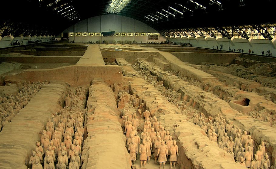 テラコッタ像, 霊,, 皇帝q, 8000人の兵士の像, 墓, 56キロの長さ, 中国, 皇帝shiの始皇帝, 3世紀のJC, 紀元前3世紀