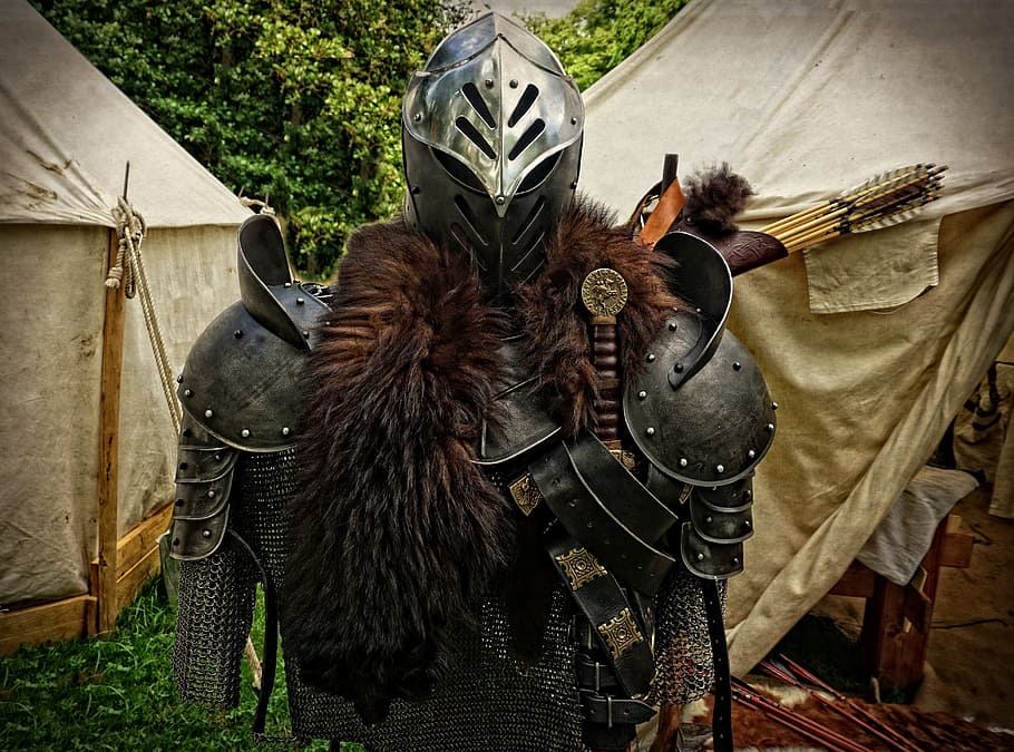 中世, 騎士の鎧, セット, 昼間, 鎧, ドラゴンスレイヤー, 金属, ハーニッシュ, 鎧の騎士, 保護