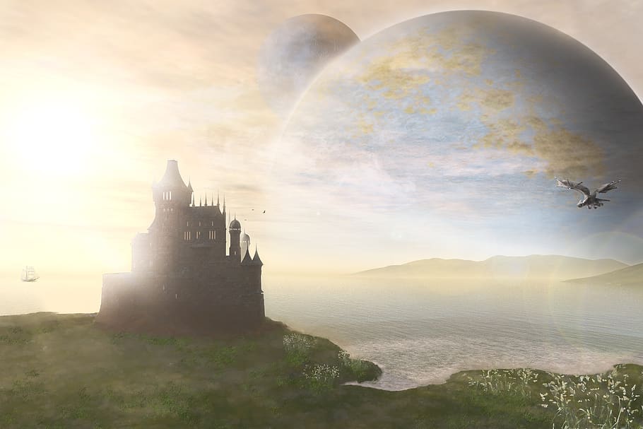 castelo, mar, paisagem, dragão, planeta, ficção científica, fantasia, nascer do sol, pôr do sol, atmosfera