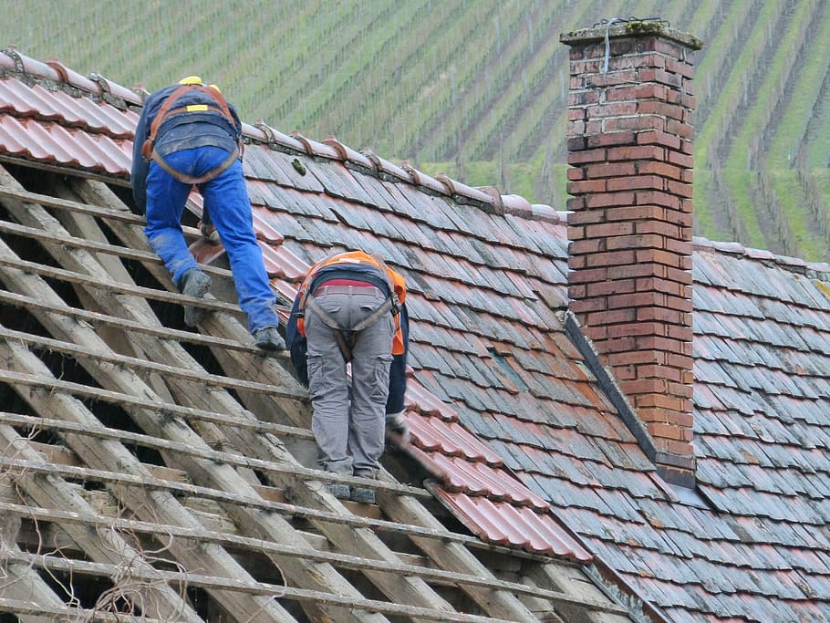 two, person, putting, roof tiles, daytime, roof, home, chimney, roofing, building
