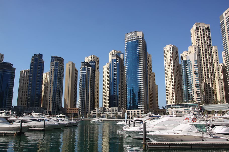 white, boats, body, water, building, Dubai, Skyscrapers, Sunset, Warm, summer