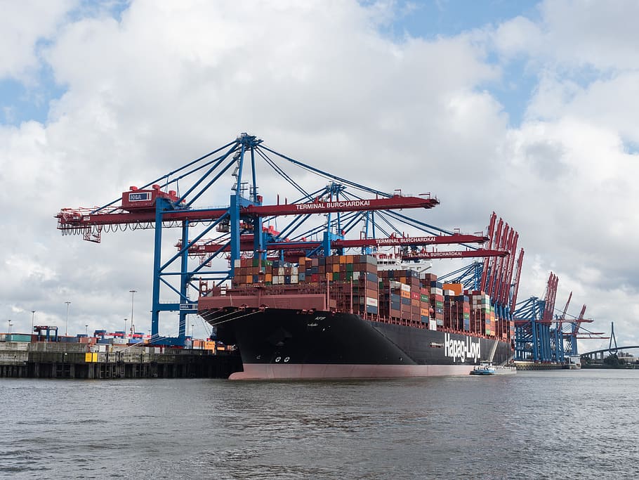 kapal kontainer, pelabuhan, hamburg, crane harbour, wadah, kapal, elbe, penanganan kontainer, kontainer gantry crane, pelabuhan kontainer