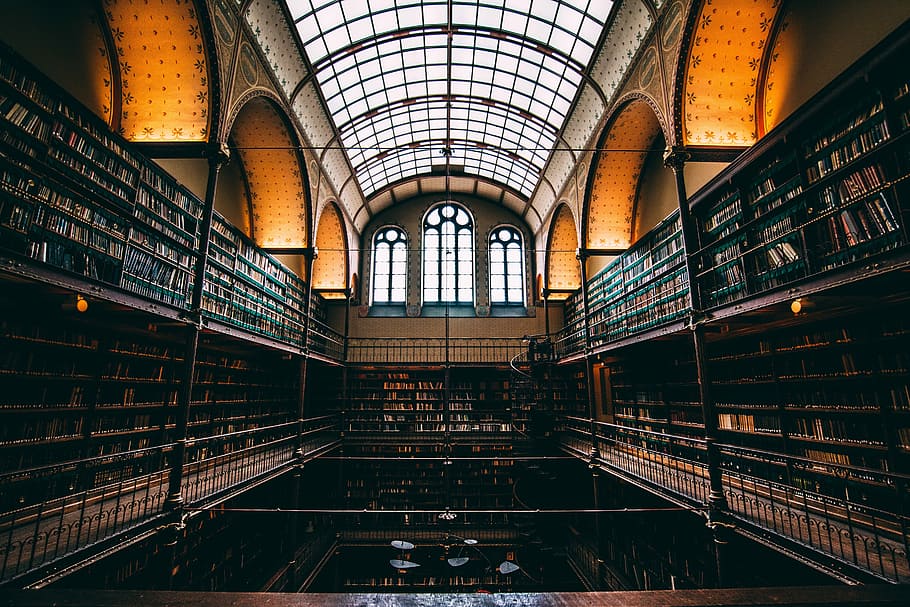 Big, Library, Amsterdam, Netherlands, books, building, indoors, interior, public domain, shelves
