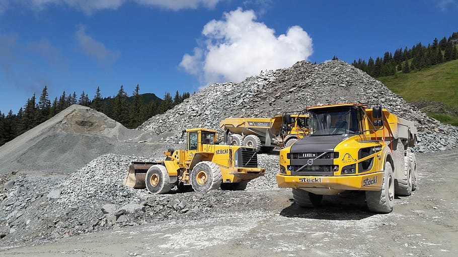 three, heavy, equipment vehicles, quarry, site, truck, dump truck, machinery, land Vehicle, earth Mover