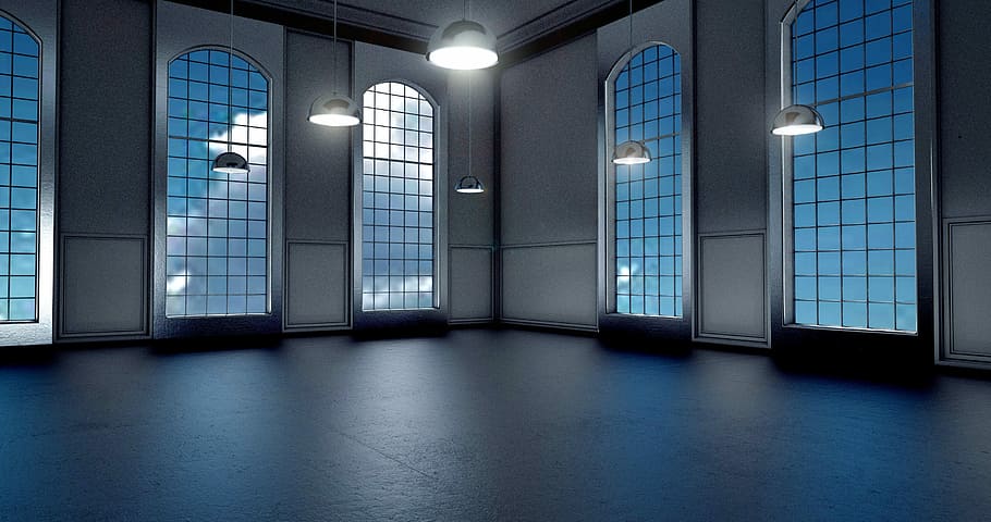 white, pendant lamp, inside, room, space, window, light, blue, building, empty space