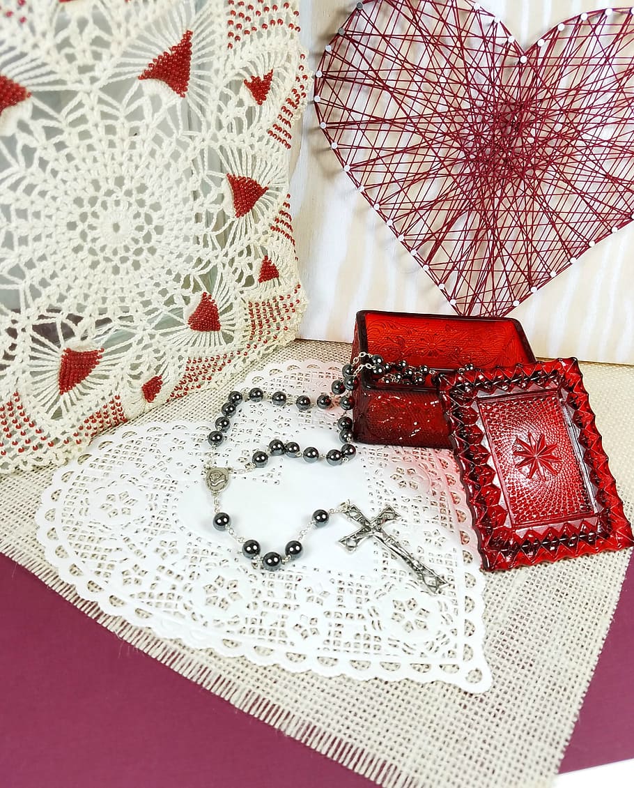 Heart, Valentine, Love, String Art, doily, beads, rosary, jewelry box, glass, red glass