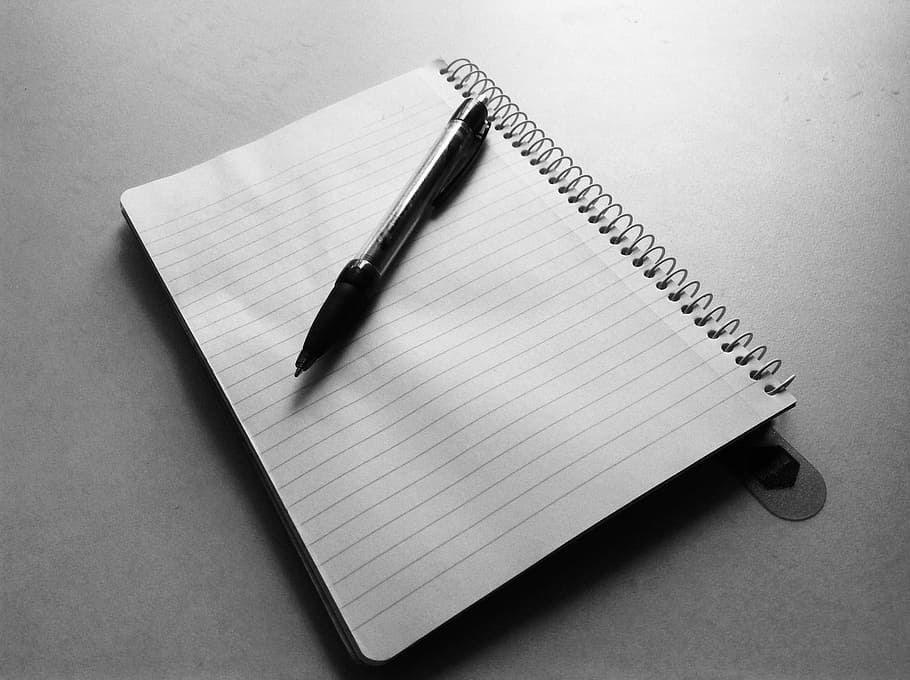 preto, retrátil, caneta, caderno espiral e, papel, bloco de notas, escrever, caderno, página, livro