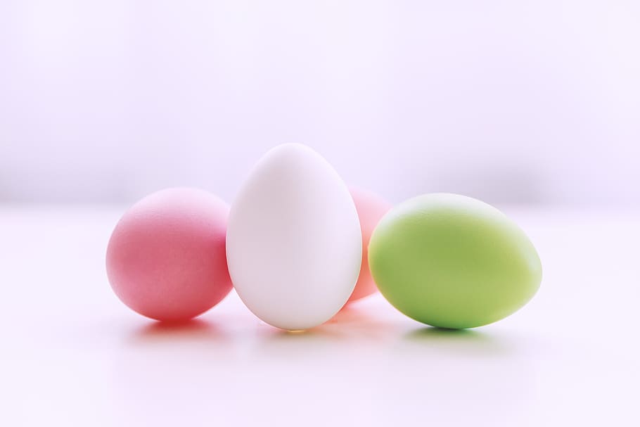 Happy, Easter!, Colorful, Easter, eggs, white, table., celebration, colors, creative