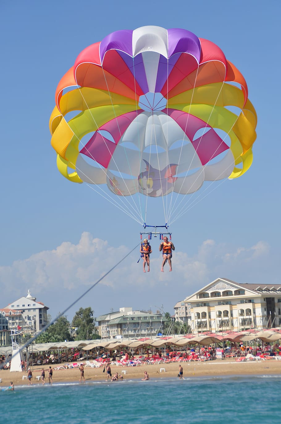 Parasailing, Beach, Holiday, beach holiday, side, mid-air, large group of people, flying, adventure, fun